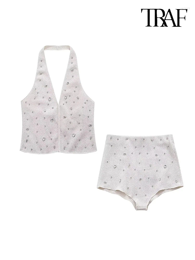 Women's Tracksuits Women Fashion Rhinestone Embellished Casual Commuter Set Sleeveless Knit Neckline Top High Waisted Shorts Two Piece