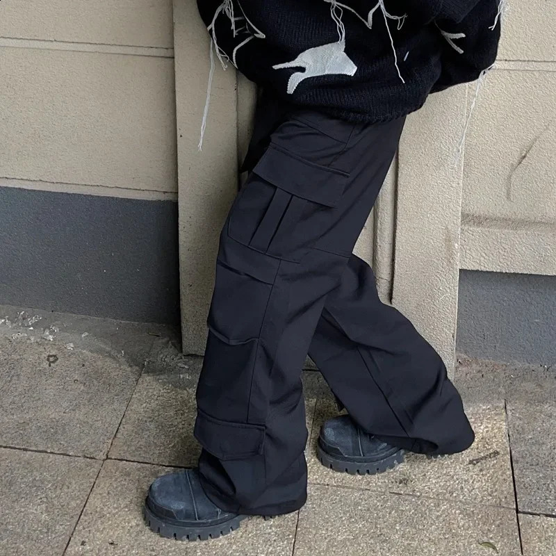 American style street black loose straight leg casual mens multi pocket cargo pants feeling 240909