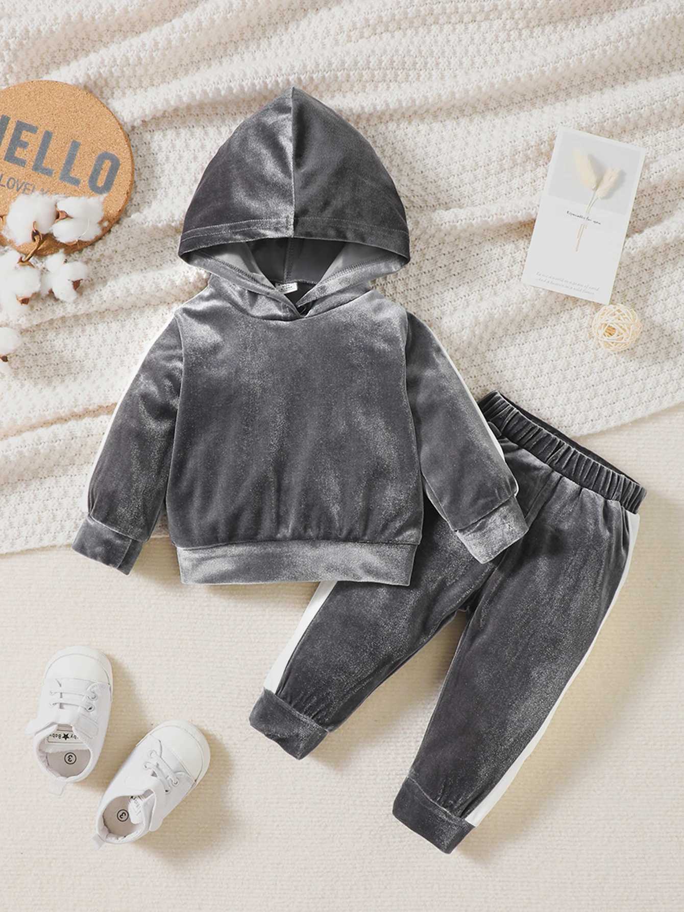 Clothing Sets Autumn And Winter Male Baby Smooth Velvet Suit Hooded Matching Color Hoodie Elastic Waist Trousers Sports Casual Two-Piece Set H241126