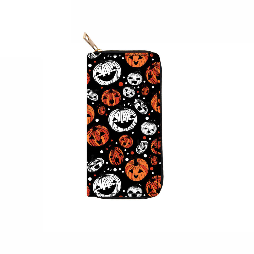 2025 Designer PU Skull 3 Halloween Long Zipper Wallet Pumpkin Handbag Money Clip