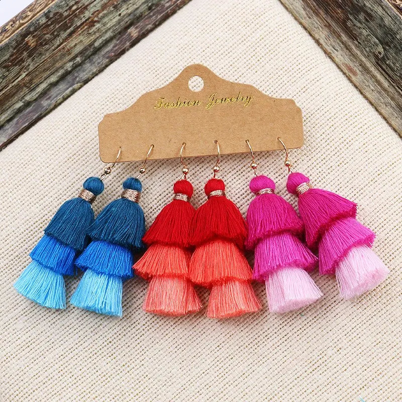 Women Bohemian Colored Tassel Dangling Earrings For Girl Pagoda Fan Eardrop Female Net Flowe Fashion Jewelry y240906