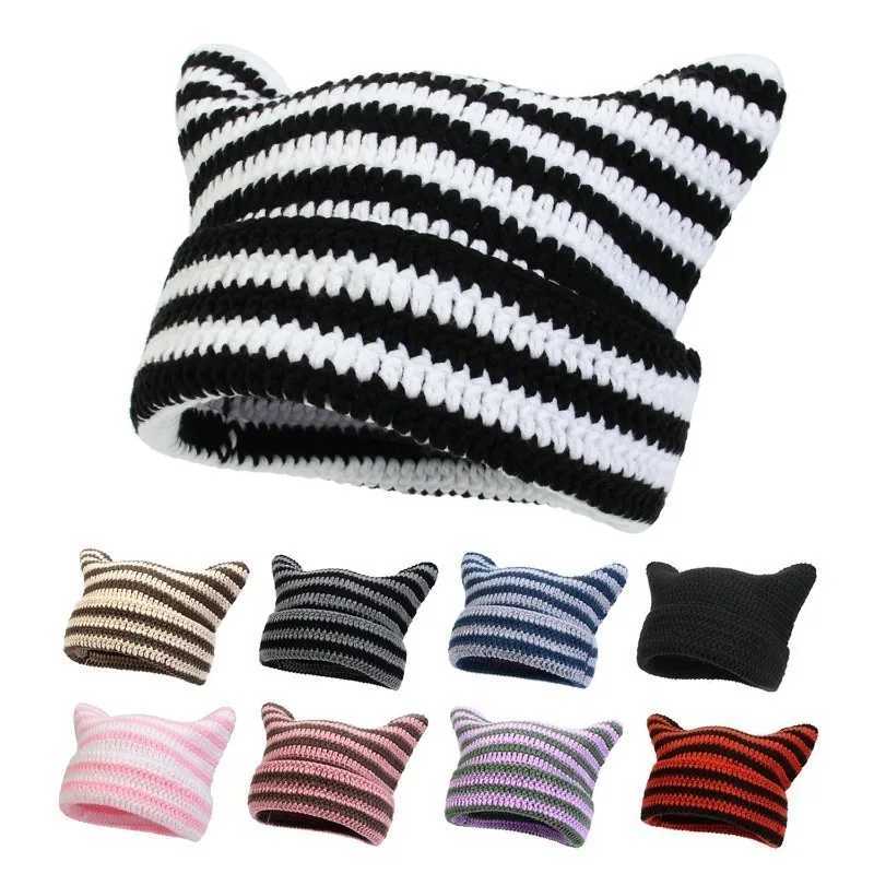 New Japanese streetwear Harajuku Beanie Little Devil Striped Knitted Hat with Girls Autumn Cute Cat Ear Hat X250212