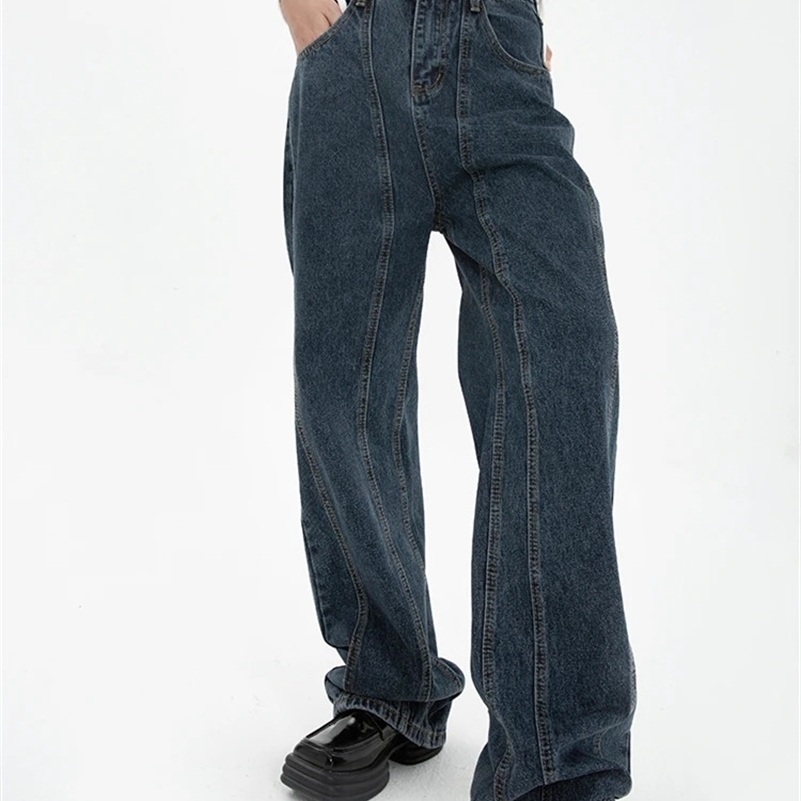 Dark Blue Womens Jeans High Waist Vintage Straight Baggy Denim Pants Streetwear American Style Fashion Wide Leg Denim Trouser 240821