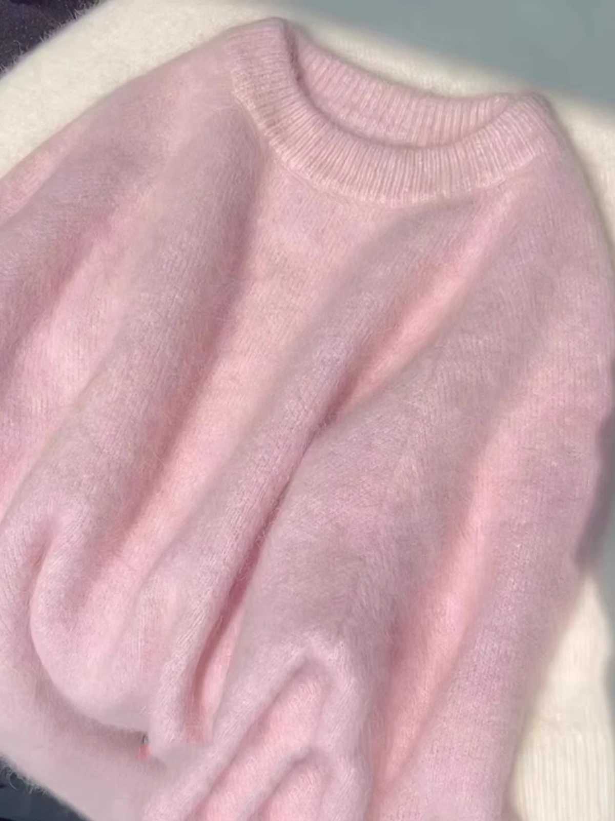 Pink Soft Mohair Knitted Sweater Womens Autumn Winter Loose Long Sleeved Top New Solid Color Simple O-neck Pullover CoatX240909