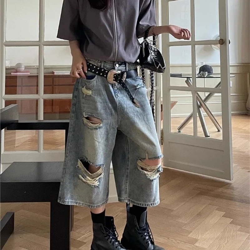 HOUZHOU Vintage Blue Ripped Short Jeans Women Oversized Distressed Jorts Y2k Grunge Baggy Boyfriend Denim Shorts Wide Streetwear 240821