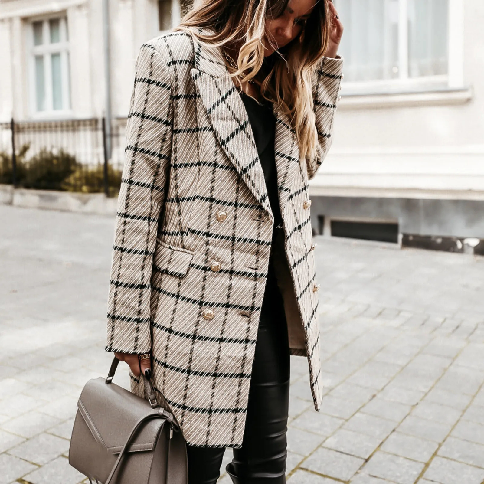 Retro plain printed jacket womens jacket womens jacket fashionable long sleeved double-layer jacket office womens slim fit jacket top 240909