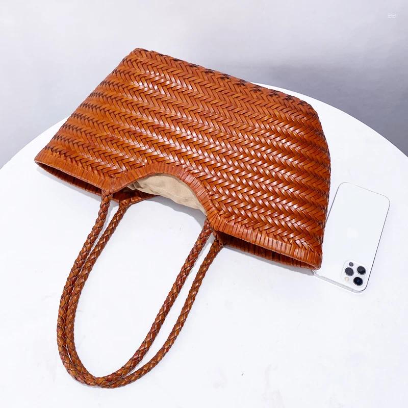 Shoulder Bags Genuine Leather Cowhide Tote Composite For Women Handbag Purses 2024 In Casual Weave Underarm