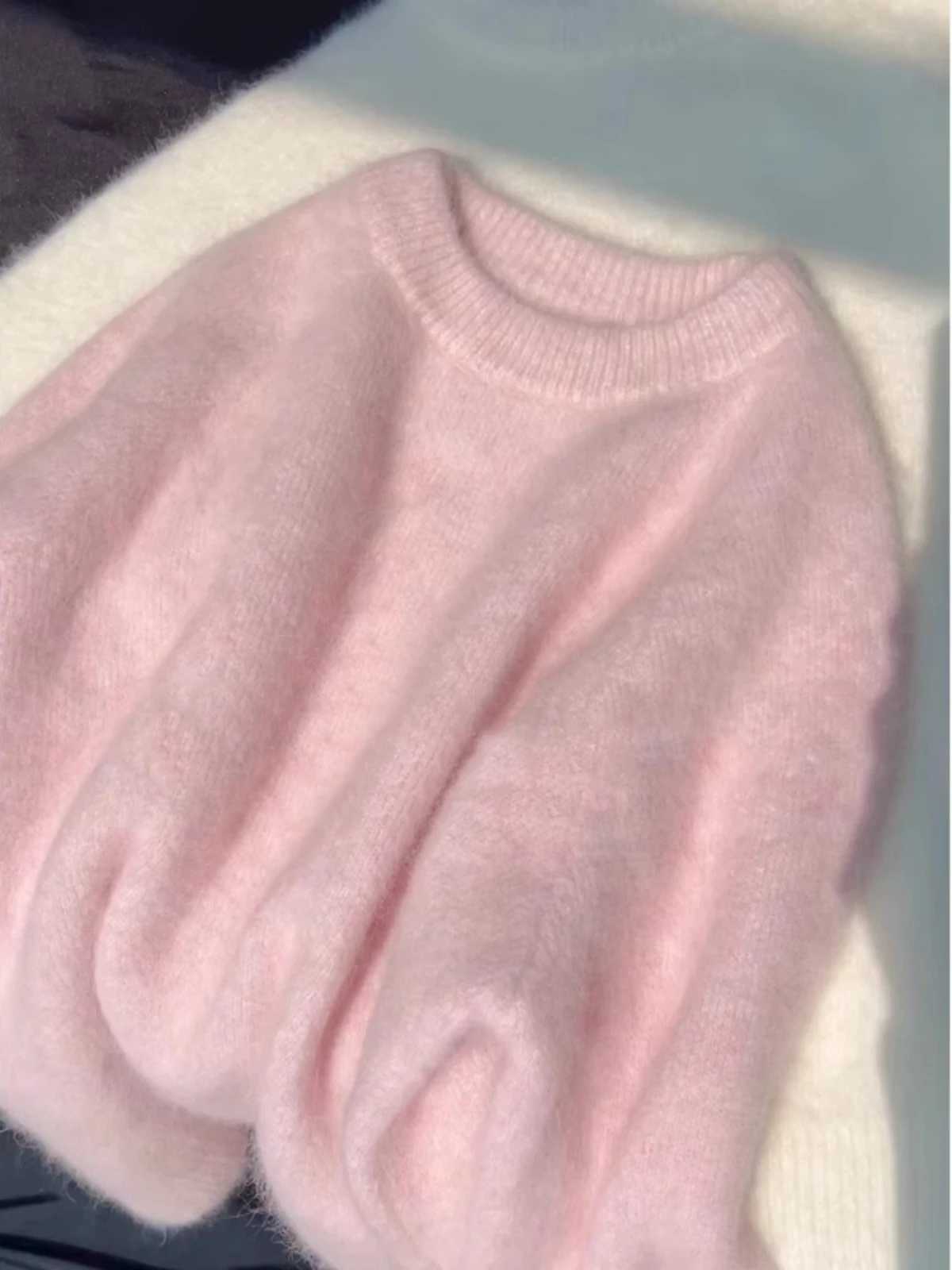 Pink Soft Mohair Knitted Sweater Womens Autumn Winter Loose Long Sleeved Top New Solid Color Simple O-neck Pullover CoatX240909