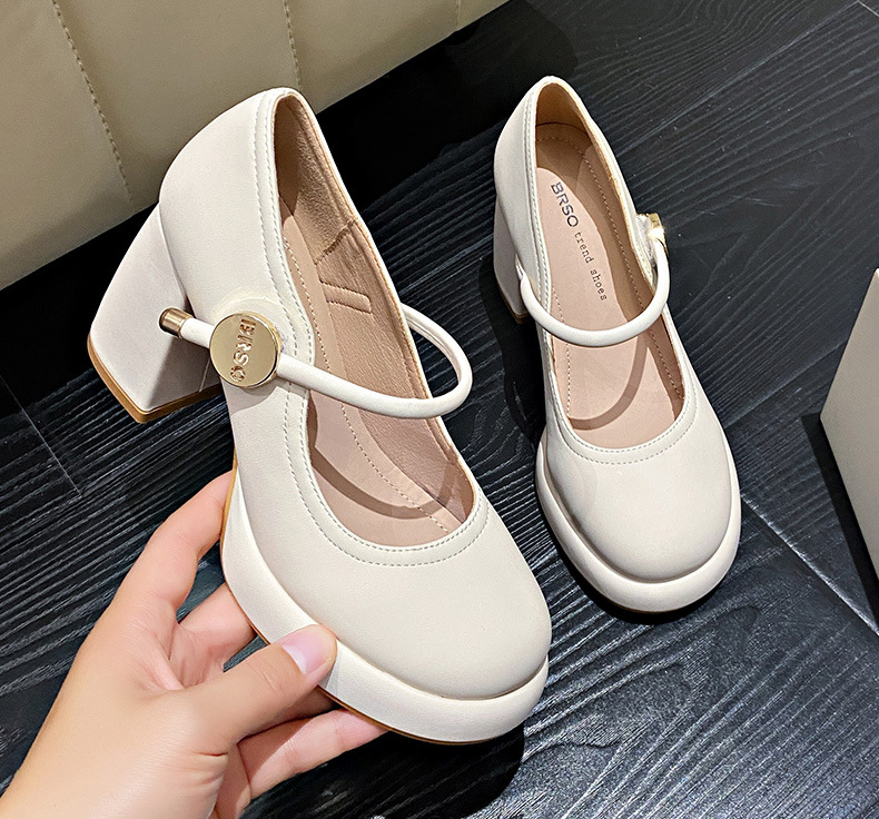 2025 new Dress Classic Mid heeled boat Designer shoe Belt buckle Thick heel high heels Tassels Round head Metal Button women shoes Large