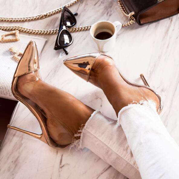 Sexy Patchwork PVC Transparent Stiletto Heels 12Cm Dress Pumps Shallow Pointed Toe Wedding Shoes Bride Gold Pink Blue