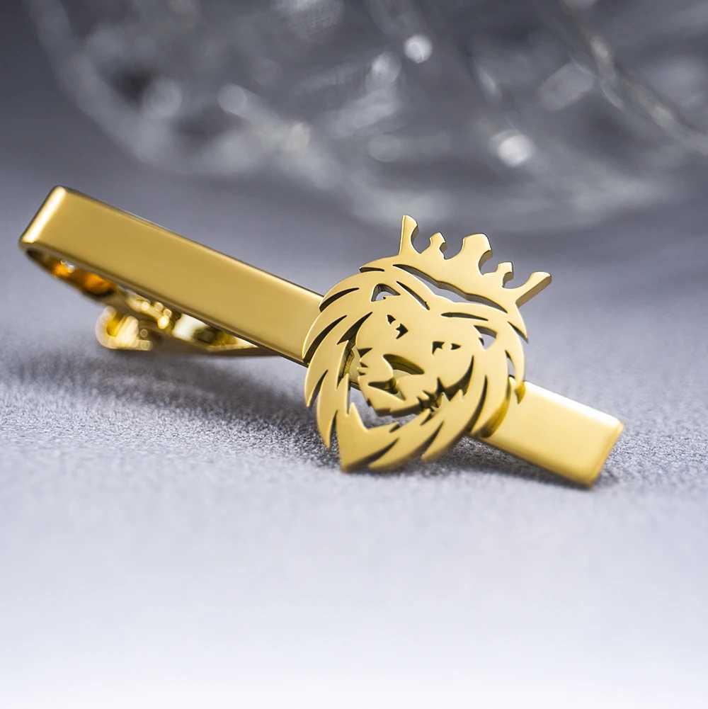 Tangula Punk Crown Lion Tie Clip Stainless Steel Mens Animal Hip Hop Party Accessories Necklace Clip Groom Wedding Jewelry W240907