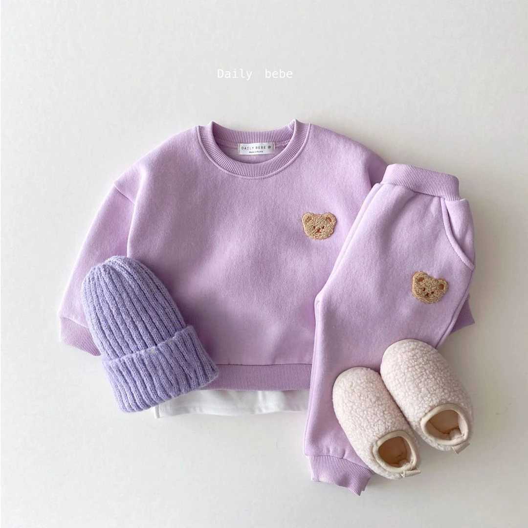 Clothing Sets Baby Bear Embroidery Fleece Pullover Set Sweatshirt Tops+Harem Jogger Pants Suits 2pcs Girls Boys Lined Clothes H241126KDDJ
