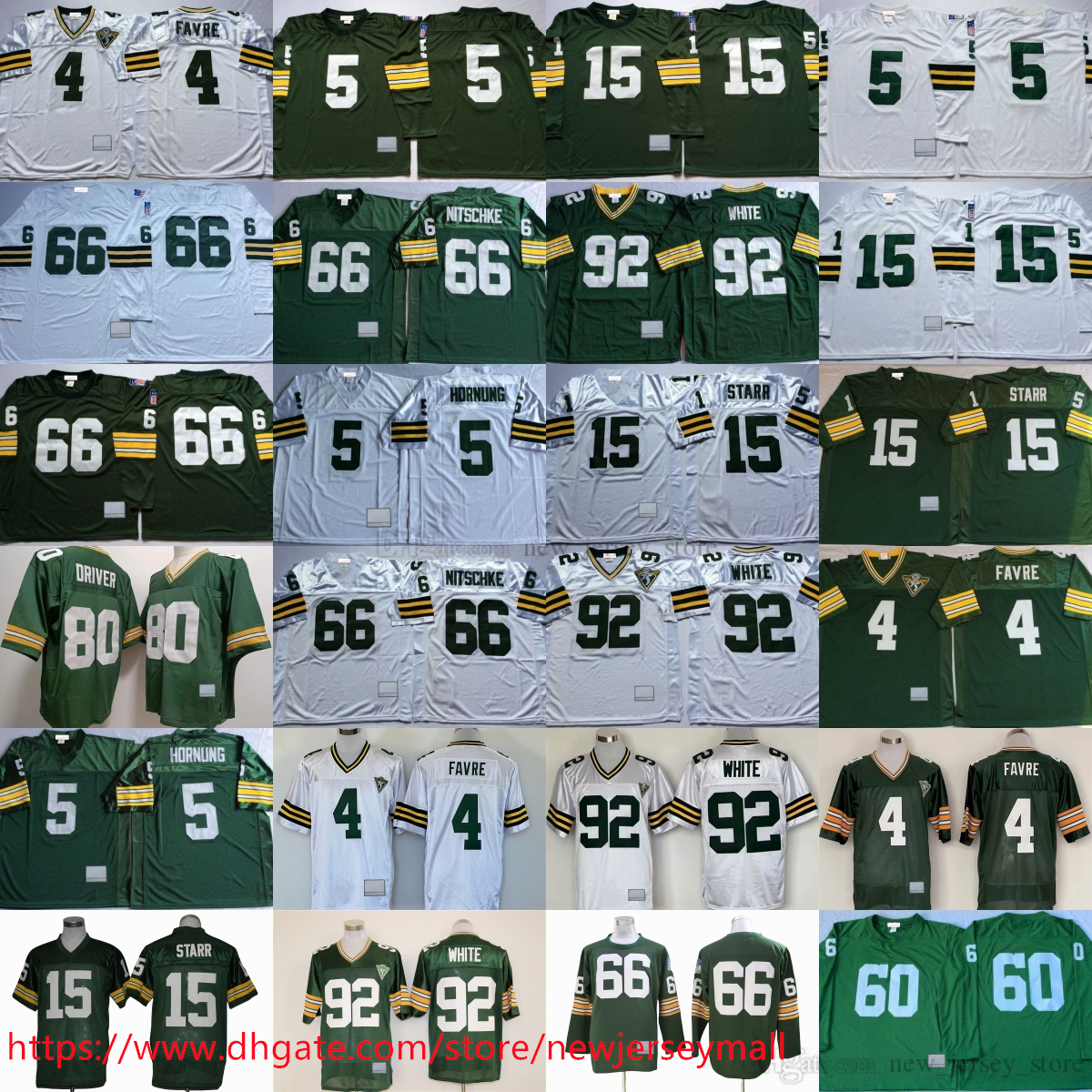College 1993 Throwback Football 92 Reggie White Jersey Retro Vintage 80 Donald Driver 4 Brett Favre 5 Paul Hornung 15 Bart Starr 66 Ray Nitschke Jersey Breathable