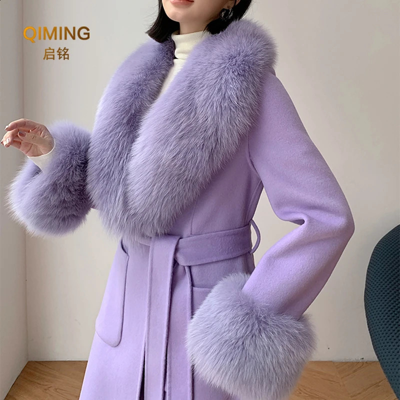 Winter real fox fur collar womens large fur scarf set fluffy fur shawl fur cuff set fur wrapped scarf jacket 240909
