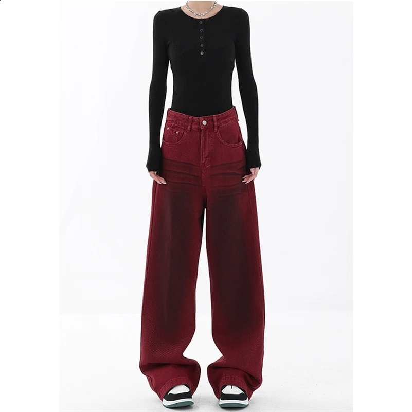 Fashion Vintage Red Straight Jeans Casual High Waist High Street Style Pants Korean Womens Wide Leg Baggy Y2K Denim Trouser 240821