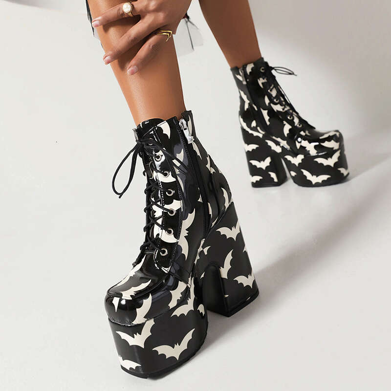 Rainbow Glossy Patent Leather Platform Fashion Short Square Toe Super Chunky Heel Punk Style Bat Print Women Boots