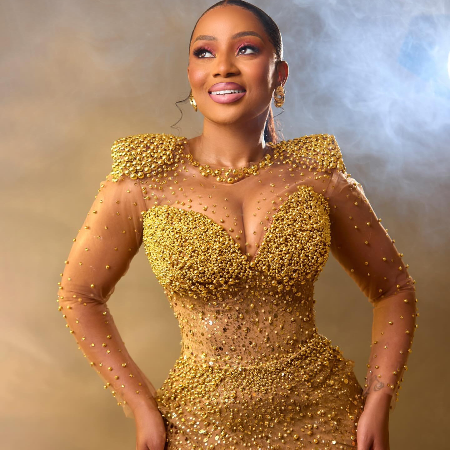 2024 Gold Illusion Mermaid Prom Dresses For Special Occasions Pearls Sequined Full Sleeves Evening Formal Party Second Reception Birthday Engagement G