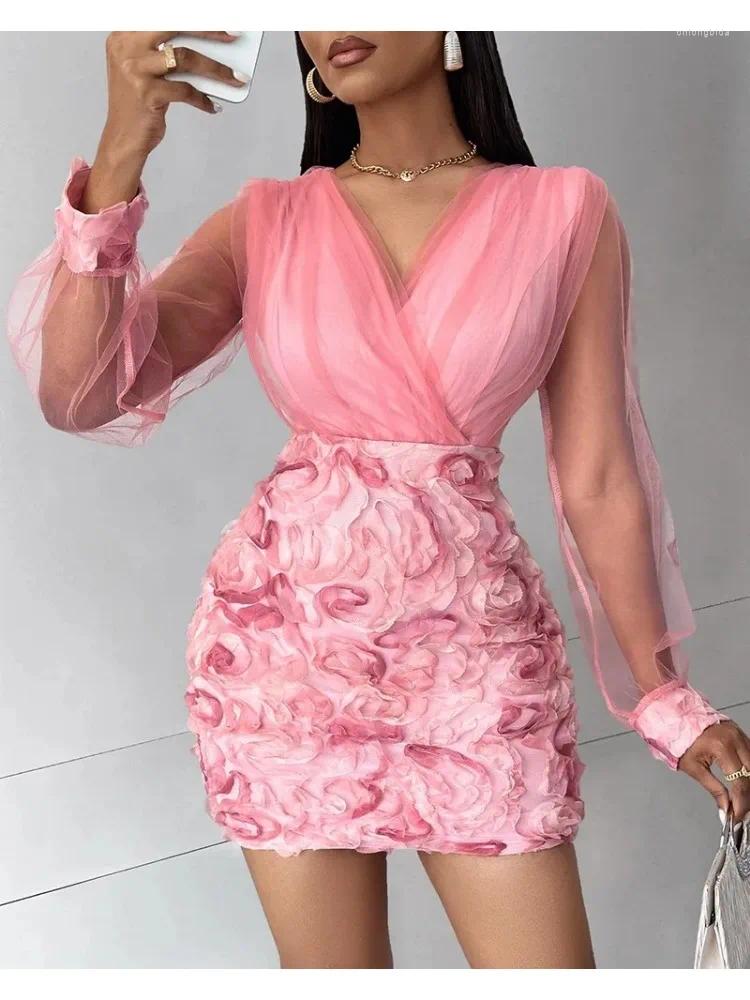 CNLONGBIDA Casual Dresses Women Fashion Dress Elegant Floral Pattern Sheer Mesh Patch Long Sleeve V-Neck Party Birthday For Woman Vestidos