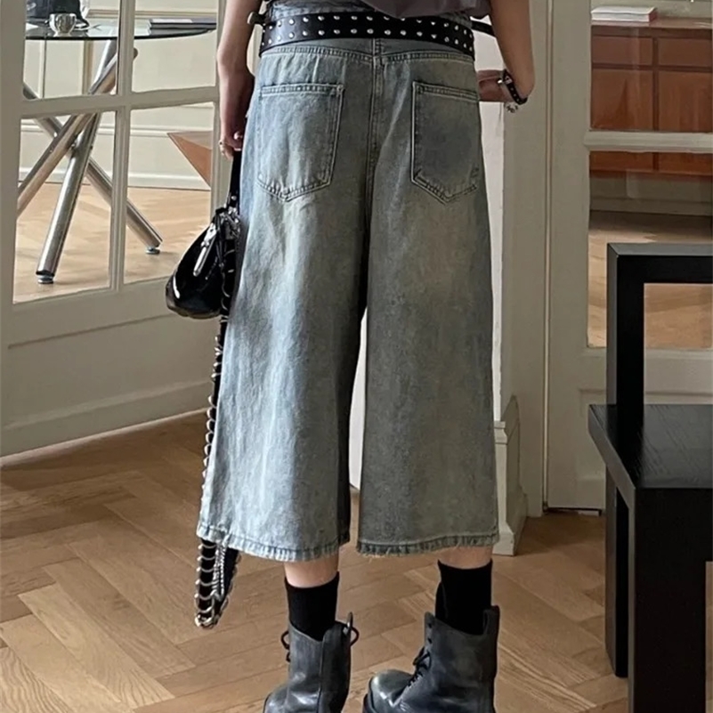 HOUZHOU Vintage Blue Ripped Short Jeans Women Oversized Distressed Jorts Y2k Grunge Baggy Boyfriend Denim Shorts Wide Streetwear 240821