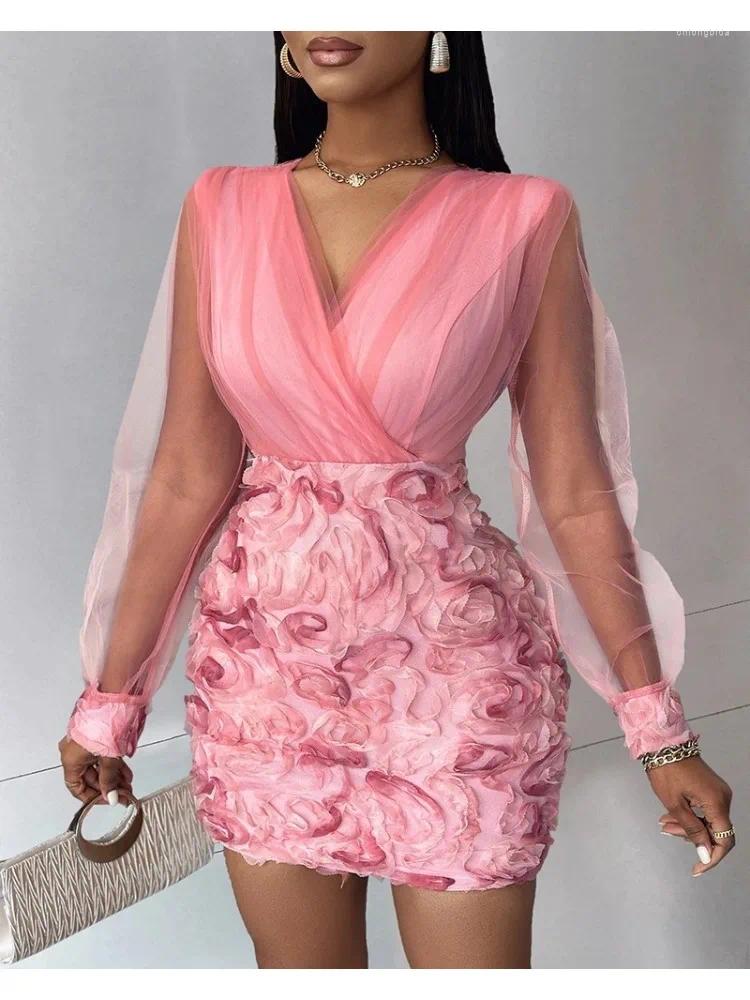 CNLONGBIDA Casual Dresses Women Fashion Dress Elegant Floral Pattern Sheer Mesh Patch Long Sleeve V-Neck Party Birthday For Woman Vestidos