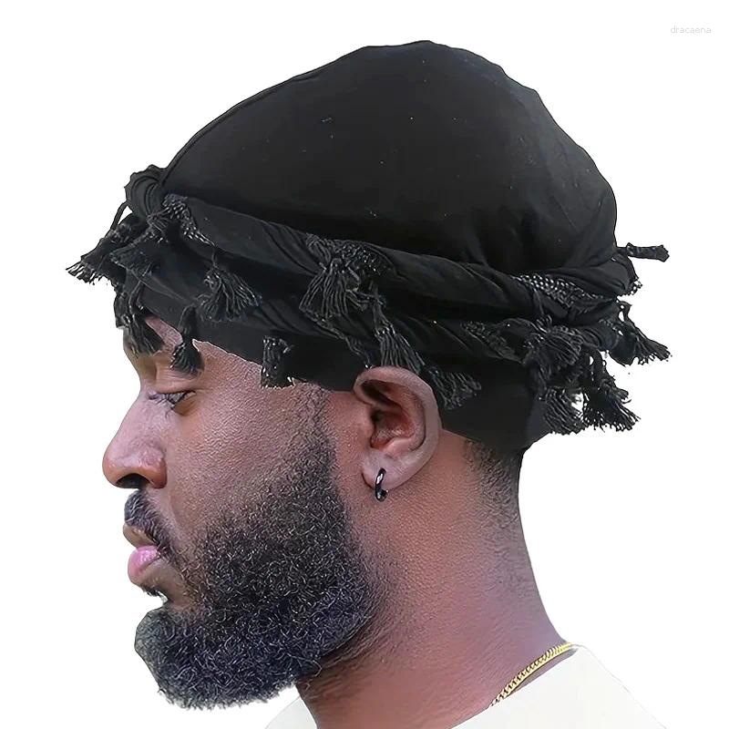 Berets Men Hat Punk Burr Trim Twisted Tail Fringe Cotton Bandana Hop Turban Hats Head Wrap Beanie Cap Solid Color Docker
