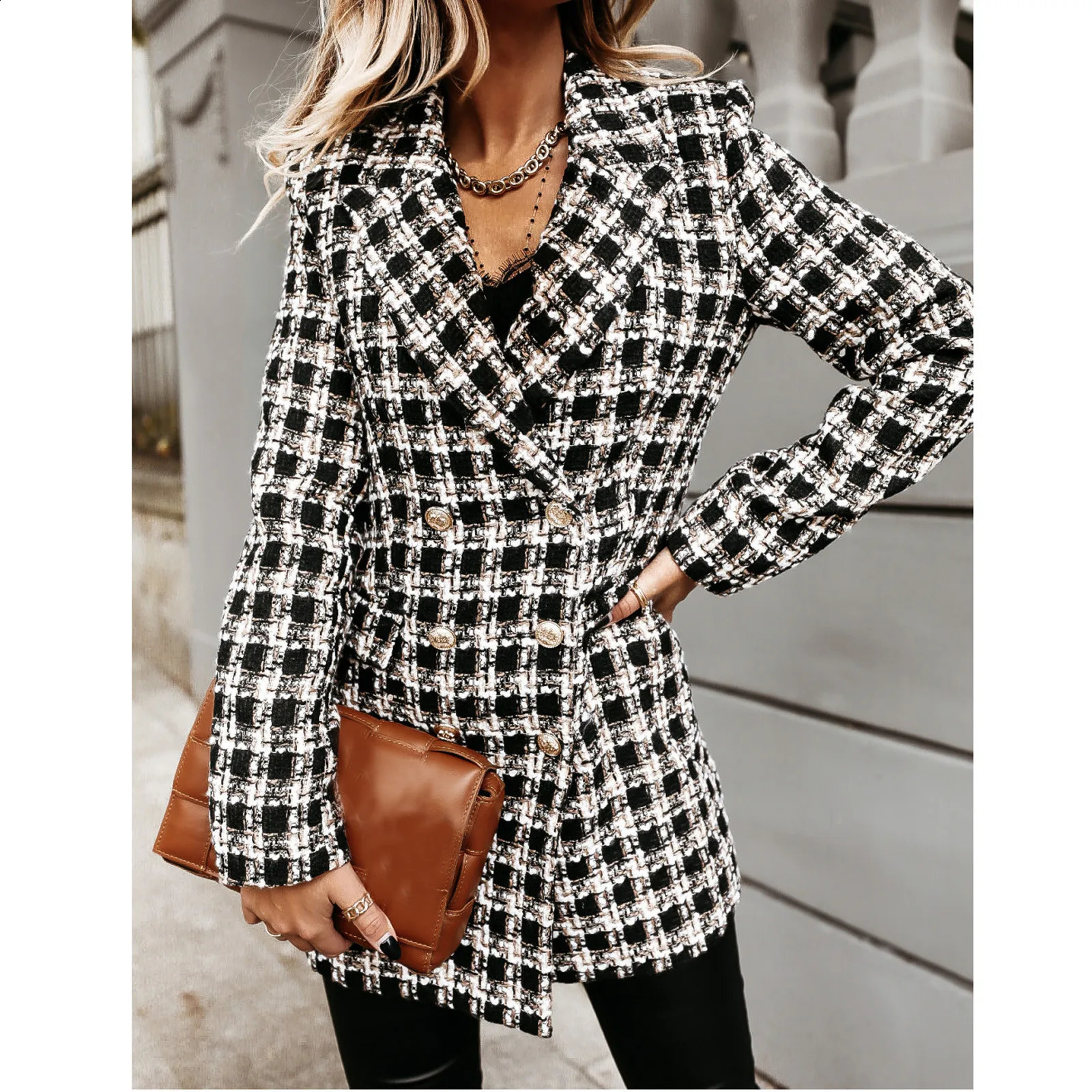 Retro plain printed jacket womens jacket womens jacket fashionable long sleeved double-layer jacket office womens slim fit jacket top 240909