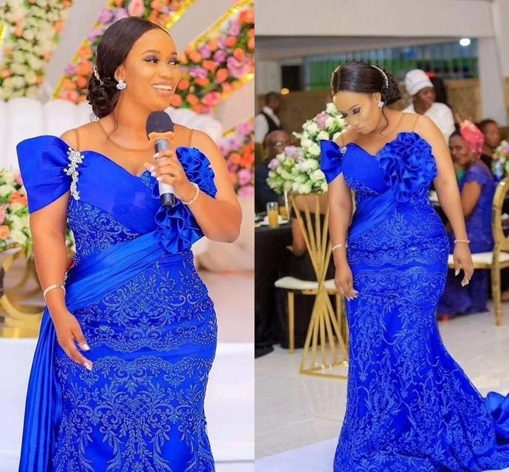 Africa Royal Blue South Nigeria Black Girls Mermaid Evening Dresses Delicate Emboridery Ruched Crystals Prom Gowns Plus Size Slim Fit Second Reception