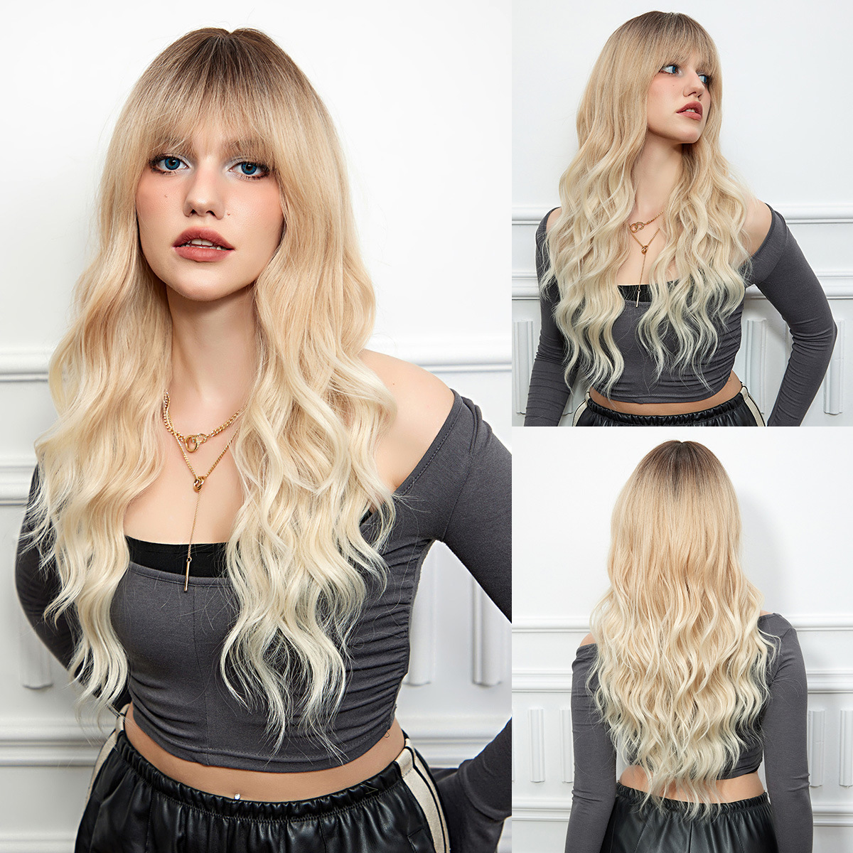 Synthetic Wigs Hair Wigs White gold Barbie wind big waves long curly hair shampooed face wig full head cover high temperature silk