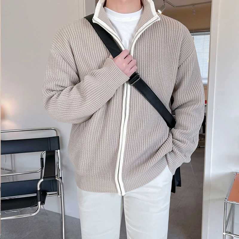 Winter mens luxury knitted zipper cardigan stand collar solid color long sleeved casual streetwear loose jacket W240907