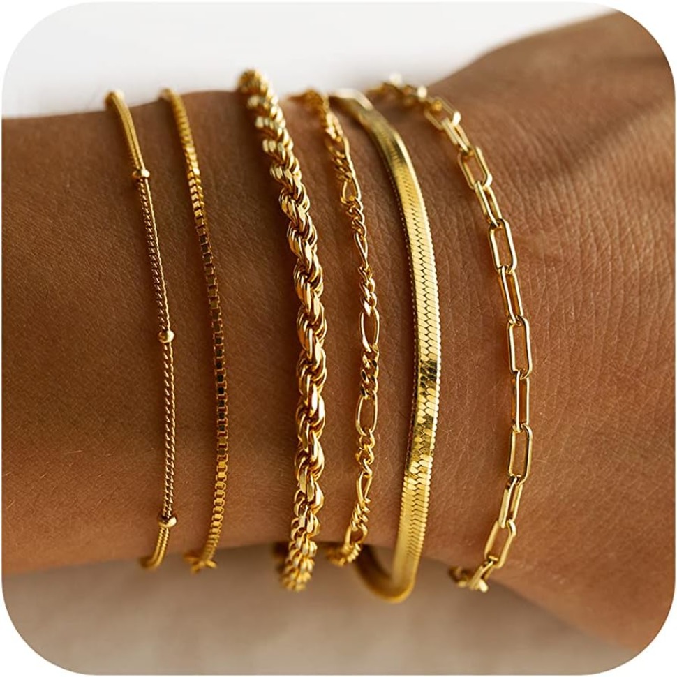 Gold Bracelets for Women Waterproof Bracelet 14K Real Gold Jewelry Sets for Women Trendy Thin Dainty Stackable Cuban Link Paperclip Chain Bracelet Pack AA