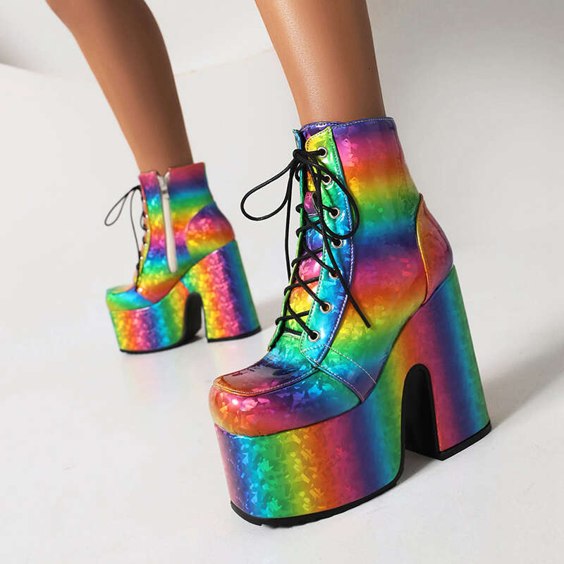 Rainbow Glossy Patent Leather Platform Fashion Short Square Toe Super Chunky Heel Punk Style Bat Print Women Boots