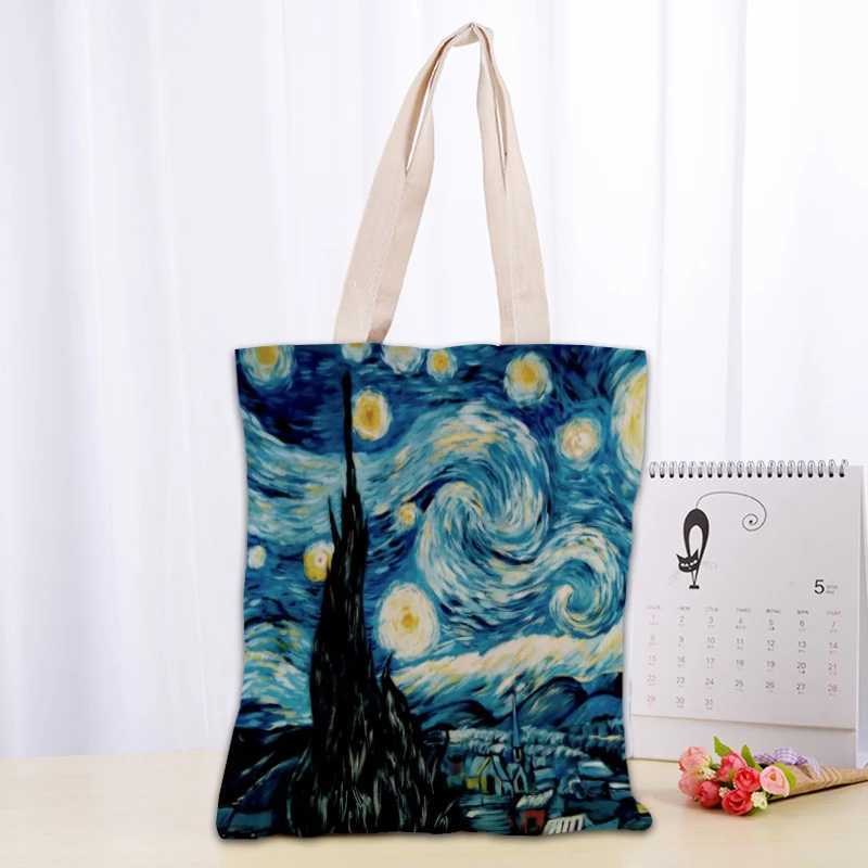 PT011,Van Gogh The Starry Night Tote Canvas Fabric Eco Reusable Shopping Bags Traveling Beach Casual Useful Shoulder Bag Z240910