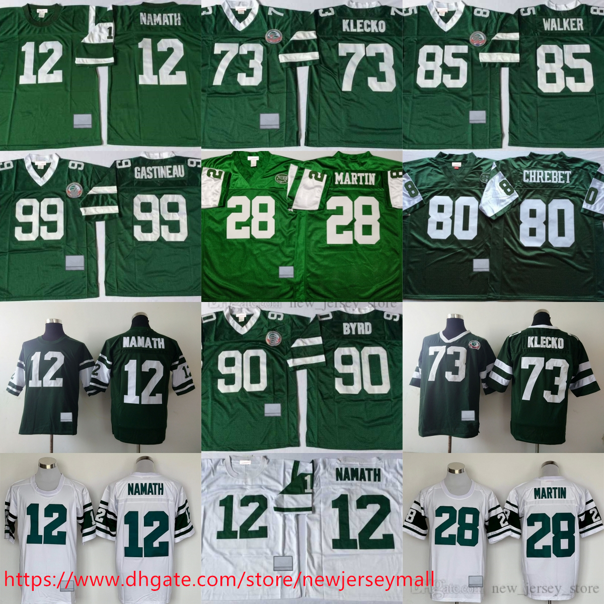 College 1968 Throwback Football 12 Joe Namath Jersey Retro Mark Gastineau Curtis Martin Dennis Byrd Wesley Walker Wayne Chrebet Jersey Vintage Klecko Breathable