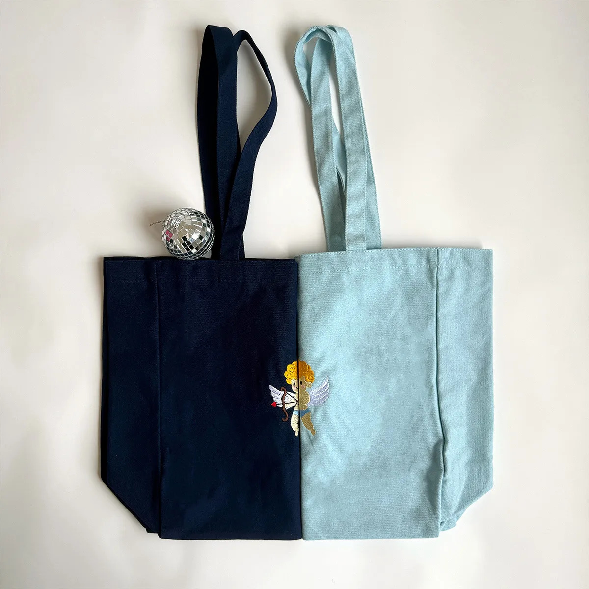 Cute Angel Embroidered Retro Style Canvas Reusable Tote Bags 80s 90s Street Shoulder Bags Ladies Casual Kpop Shopping Bags 240906