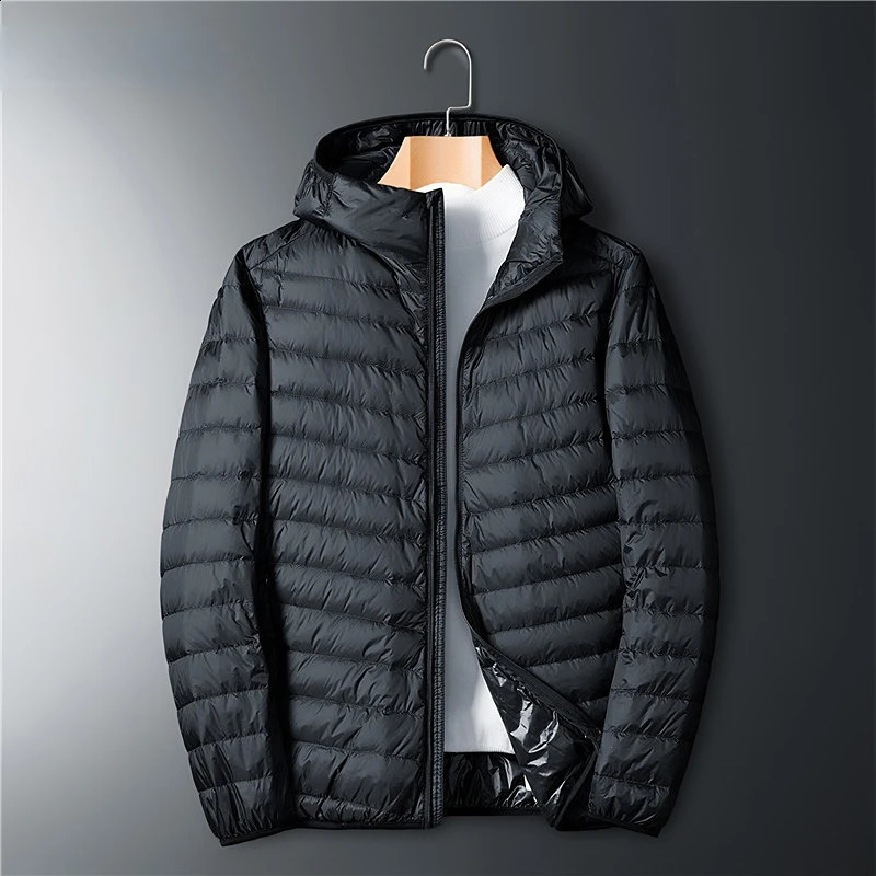 Winter mens ultra-thin down jacket white duck down hooded jacket long sleeved warm jacket Parka portable jacket model 240909