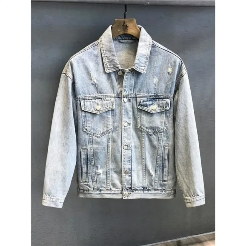 Fashion cartoon pattern denim jacket mens streetwear trend hole casual loose jeans jacket top 240906