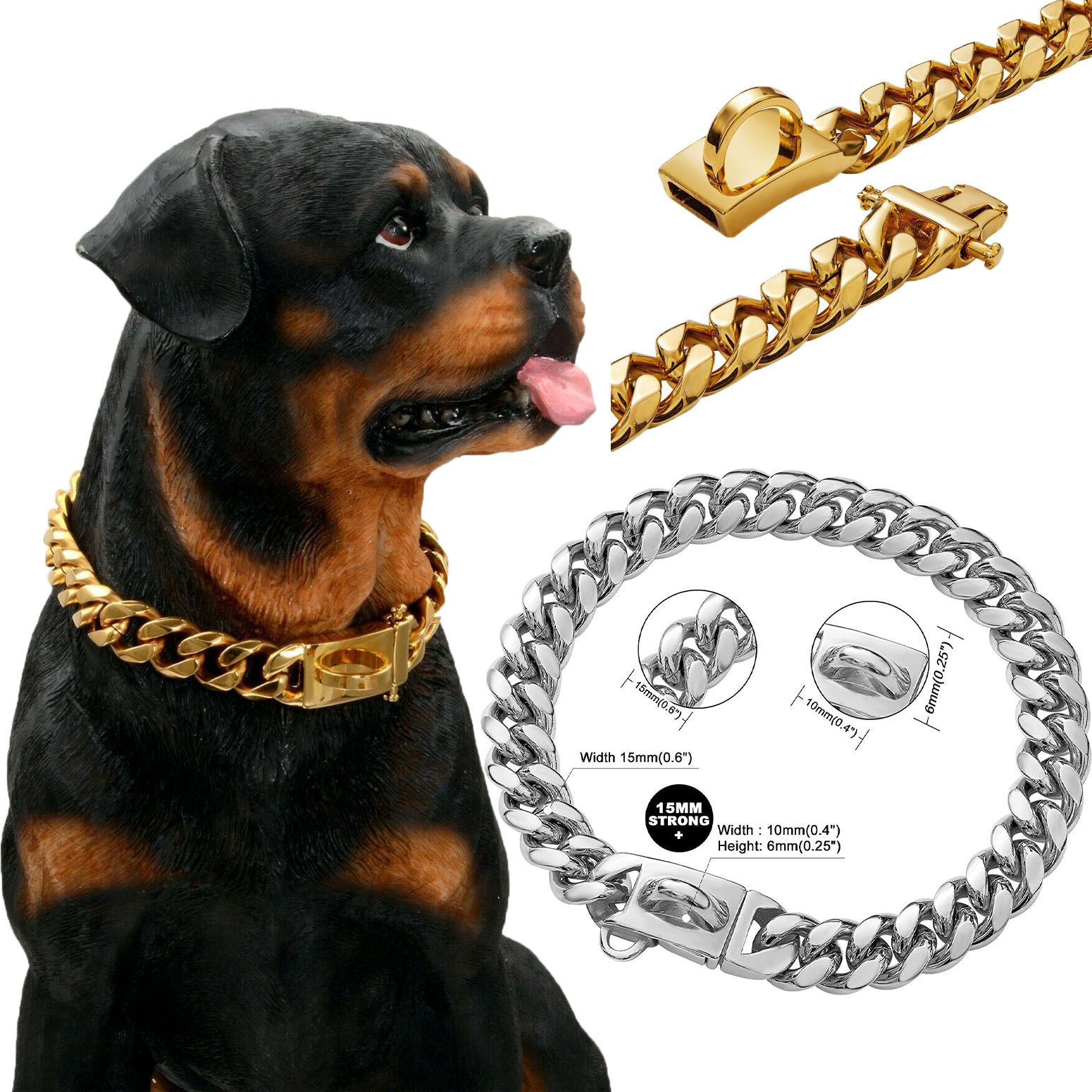 Dog Collars Cat Chain Collar With Diamond Luxury Metal Material 1.25cm Width Perro Rap Hip Hop Cuban Pet Jewelry Supplies Medium Large Dogs Gold Solid