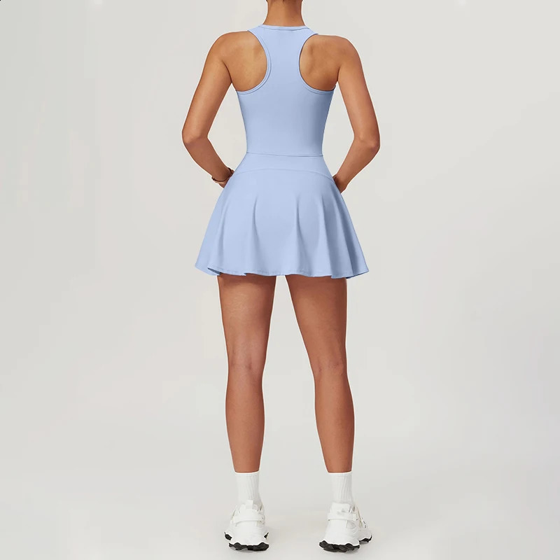 Zipper Sleeveless Tennis Dress Women One-Pieces Fitness Sports Sets Push-up Workout Tracksuits With Chest Pads Yoga Suits 240902