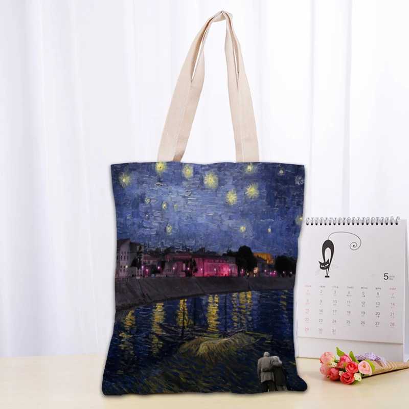 PT011,Van Gogh The Starry Night Tote Canvas Fabric Eco Reusable Shopping Bags Traveling Beach Casual Useful Shoulder Bag Z240910