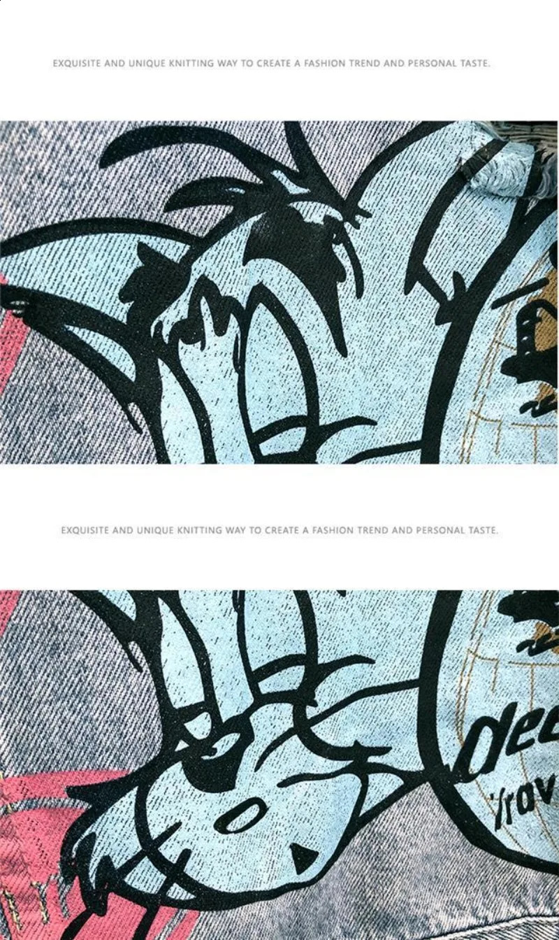 Fashion cartoon pattern denim jacket mens streetwear trend hole casual loose jeans jacket top 240906