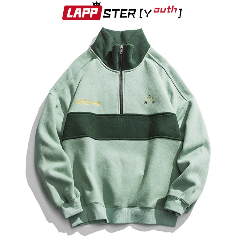 LAPPSTER Youth Harajuku Patch Work Turtle Neck Hoodie Pullover Mens Color Block Korean Woolen Sweater Street Clothing 240909