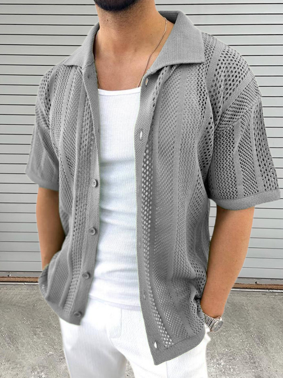 Vintage Knitted Hollow Out Shirts Men Fashion Button Lapel Short Sleeve Knit Shirt Summer Mens Knitwear Casual Solid Color Tops R240910