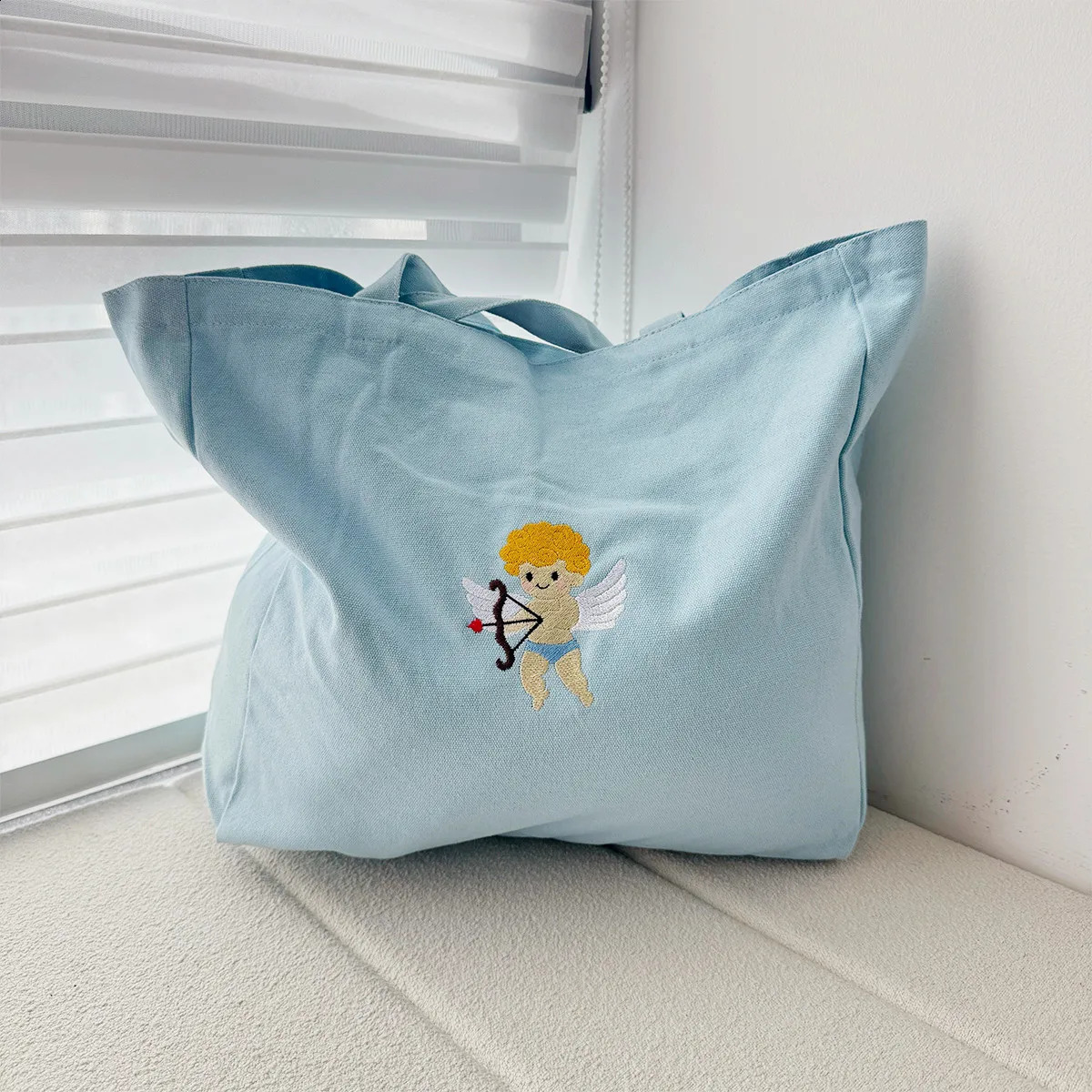 Cute Angel Embroidered Retro Style Canvas Reusable Tote Bags 80s 90s Street Shoulder Bags Ladies Casual Kpop Shopping Bags 240906