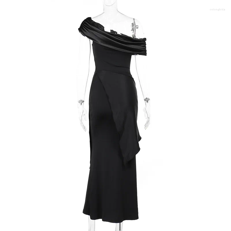 Casual Dresses 2024 Party Evening Elegant Black Slash Neck Maxi Dress For Women Fashion Short Sleeve Bodycon Banquet Vestidos Female
