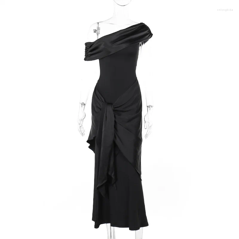 Casual Dresses 2024 Party Evening Elegant Black Slash Neck Maxi Dress For Women Fashion Short Sleeve Bodycon Banquet Vestidos Female