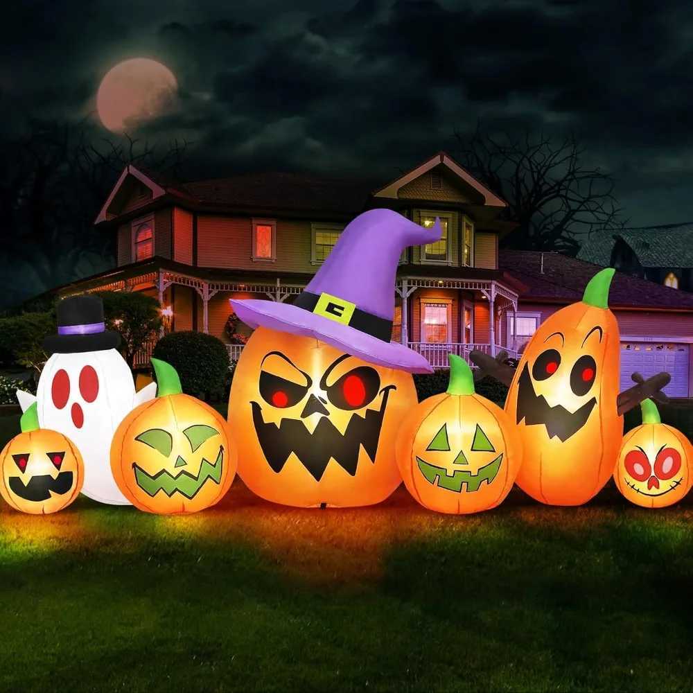 8-foot long Halloween inflatable outdoor decoration haunted inflatable pumpkin with witch hat and ghost combination blowing courtyardX240910