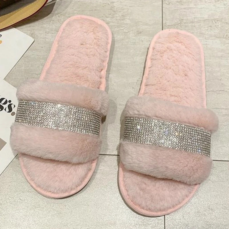 Winter Rhie Women Warm Fur Slippers Cozy Fluffy Furry Slides Crystal Flat Indoor Design Home Shoes Ladies 43