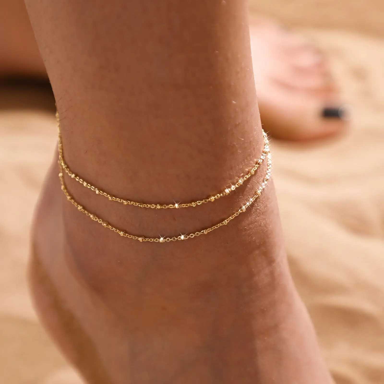 Ankle Bracelets 14 Gold Plated Layered lightweight Cuban Link Chain Gold Anklets Jewelry for women girlsX240910