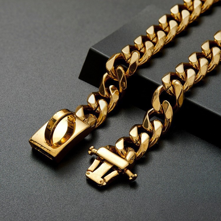 Dog Collars Cat Chain Collar With Diamond Luxury Metal Material 1.25cm Width Perro Rap Hip Hop Cuban Pet Jewelry Supplies Medium Large Dogs Gold Solid