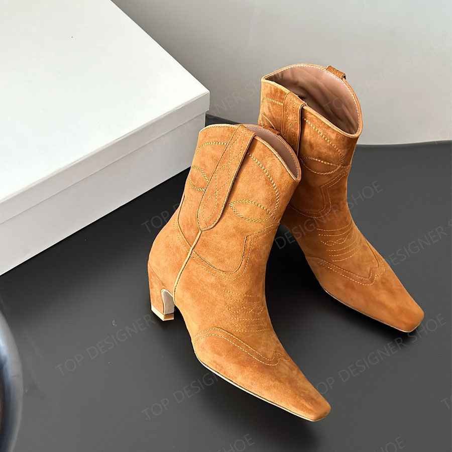Designer shoes minimalism khaite boots square-toed Suede brown ankle low-heels Fashion Knight Boots Western for womens designer boots Factory footwear